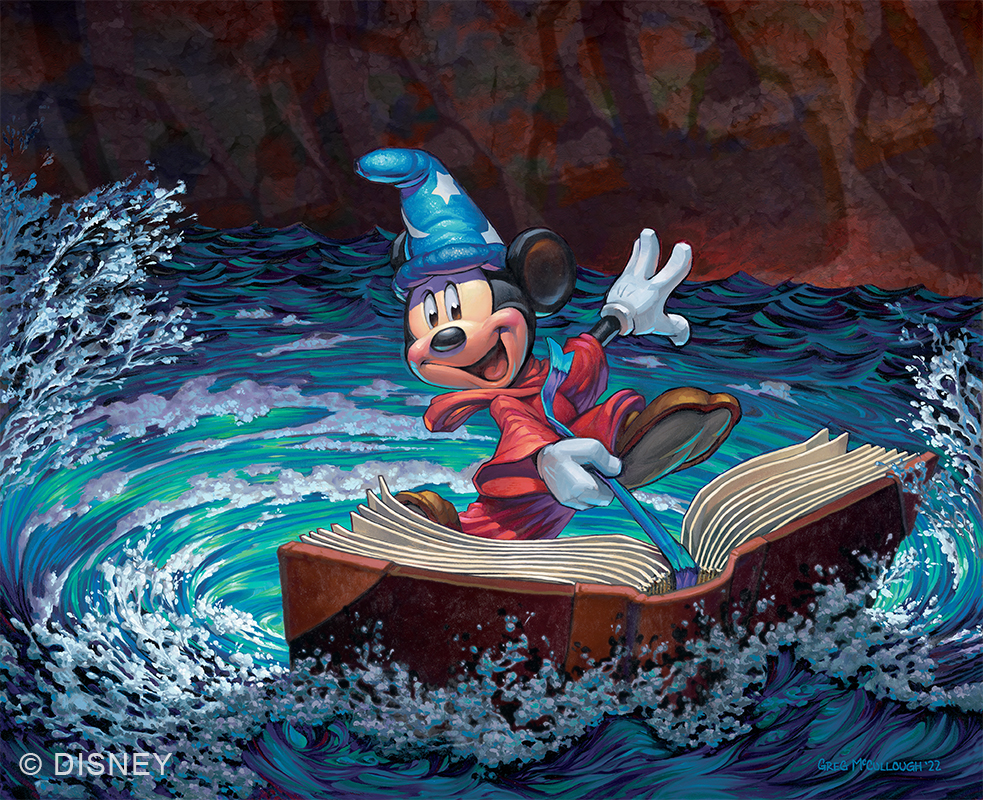 Sorcerer Mickey surfing on a spells book on swirled water with the walking brooms and buckets in the background
